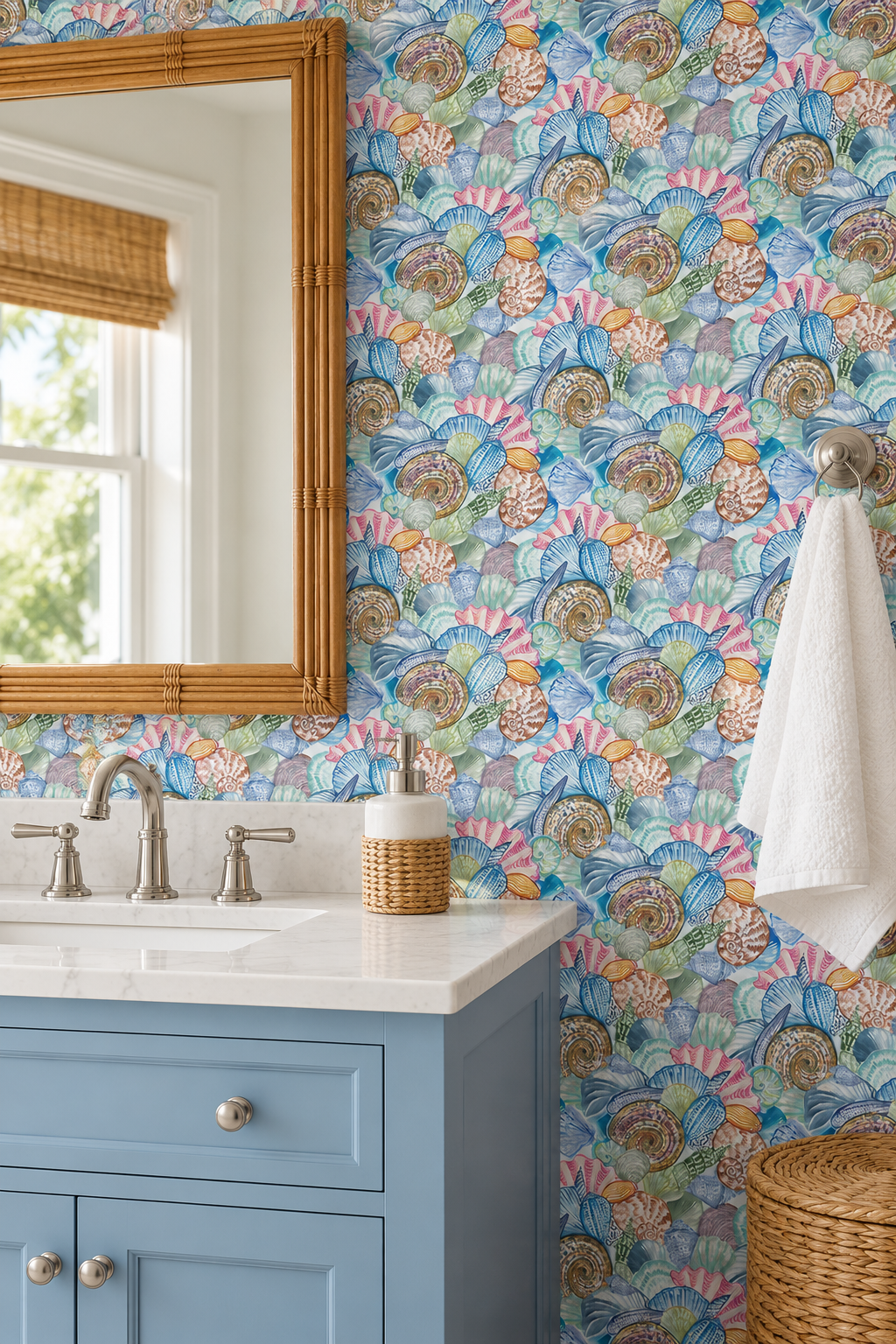 seashell wallpaper, coastal home wallpaper, watercolor shell print, beach house wallcovering, ocean inspired wallpaper, colorful seashell collage, coastal décor wallpaper, Atlantic coast shells wallpaper