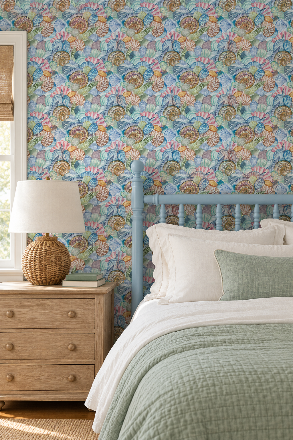 Hand-painted watercolor seashell collage wallpaper printed on natural grasscloth, featuring colorful layered shells in an artisanal coastal design perfect for luxury coastal guest bedrooms