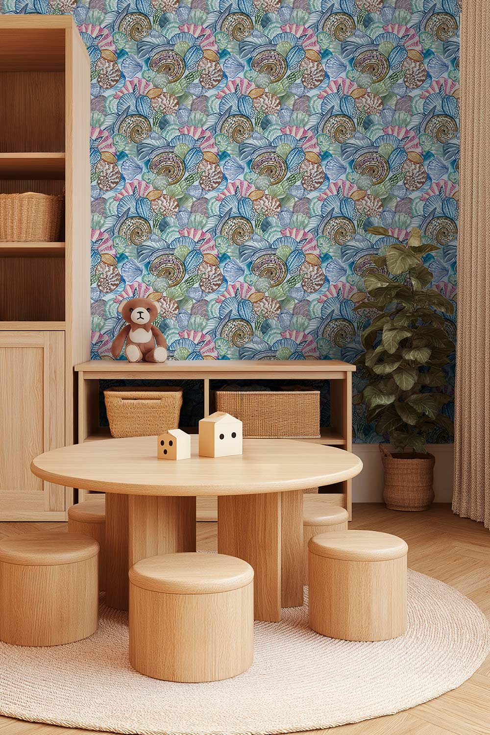 Textured performance vinyl wallpaper featuring a bright watercolor collage of assorted seashells in layered coastal colors; ideal for high traffic kids bedrooms and playrooms