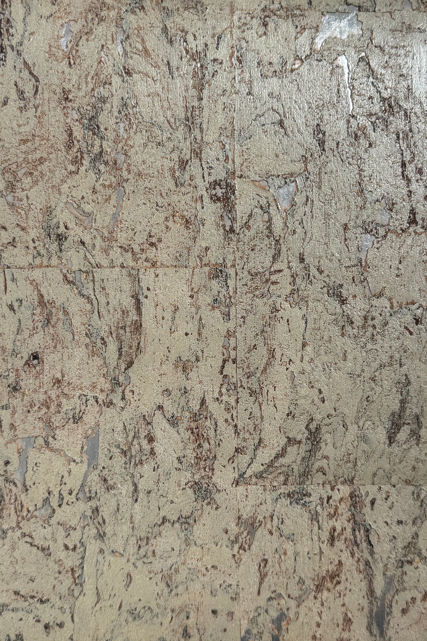Neutral Beige Cork Wallpaper  with shimmer— close-up of beige and taupe cork wallpaper with marbled, organic texture fused to a silver metallic backing