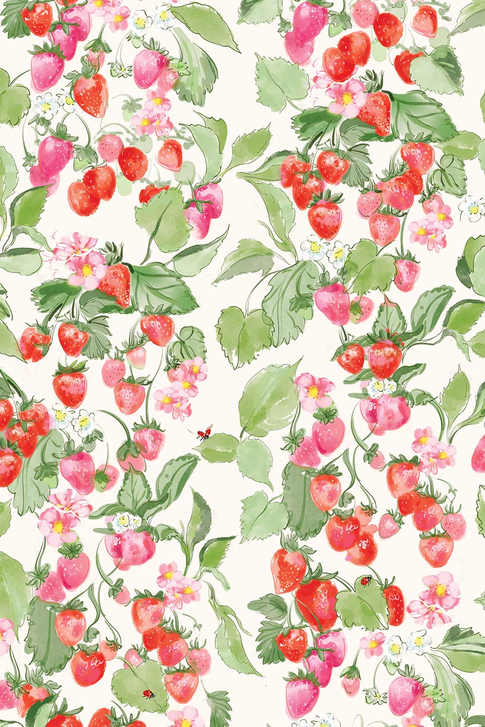 strawberry wallpaper, fruit wallpaper, botanical wallpaper, pink red wallpaper, kitchen wallpaper, playful wallpaper, garden wallpaper, strawberry print, kids wallpaper, watercolor wallpaper, luxury wallpaper; printed on all-natural and eco-friendly wall-covering grasscloth and paperweave