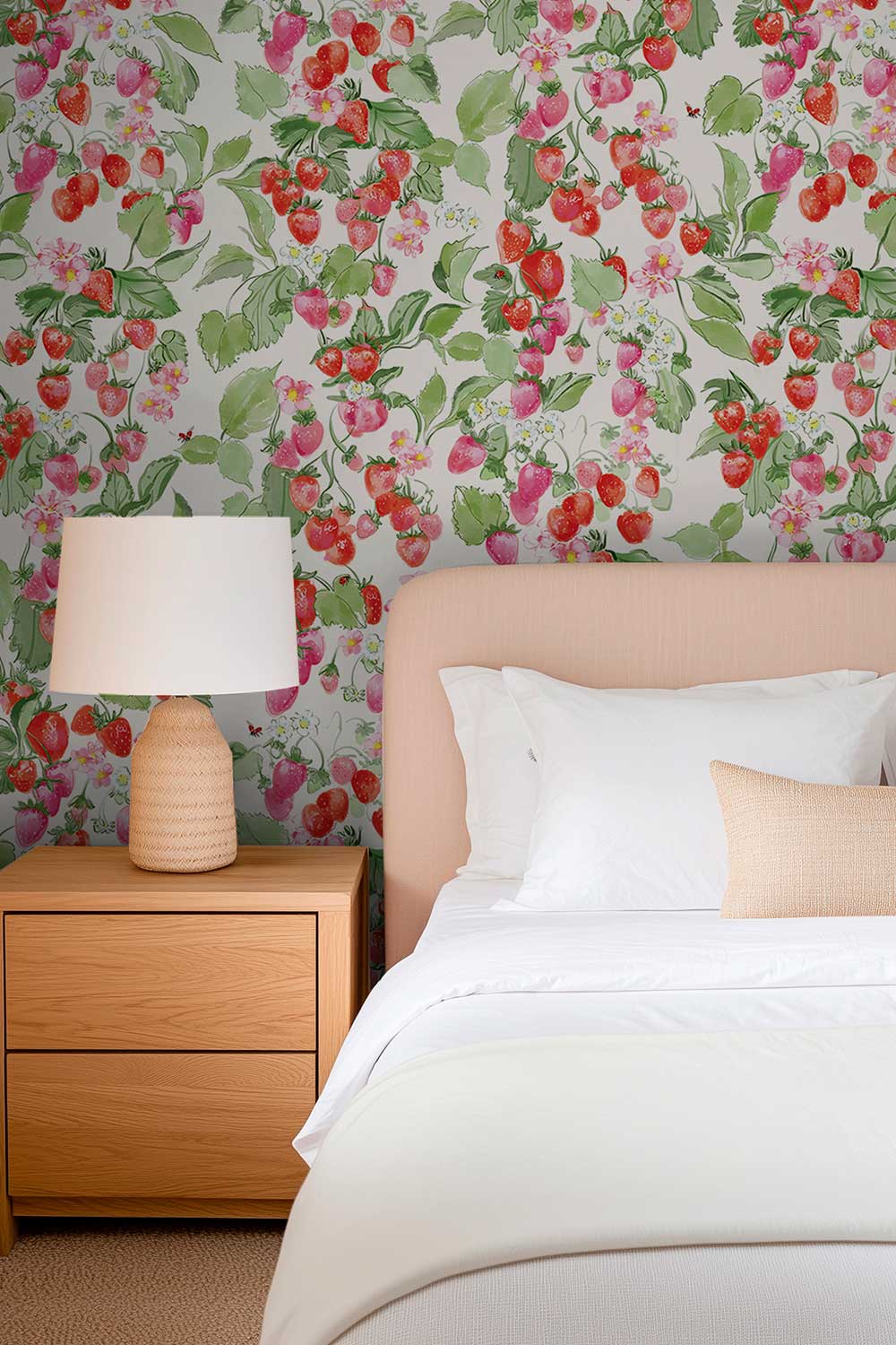 Strawberry wallpaper, fruit wallpaper, botanical wallpaper, pink red wallpaper, kitchen wallpaper, playful wallpaper, garden wallpaper, strawberry print, kids wallpaper, watercolor wallpaper, luxury wallpaper; printed on luxury traditional matte wall-covering; perfect for cottage inspired bedrooms