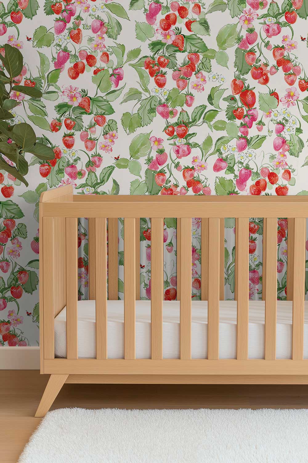 strawberry wallpaper, fruit wallpaper, botanical wallpaper, pink red wallpaper, kitchen wallpaper, playful wallpaper, garden wallpaper, strawberry print, kids wallpaper, watercolor wallpaper, luxury wallpaper; printed on all-natural and eco-friendly wall-covering grasscloth and paperweave for nursery's and kid's bedrooms