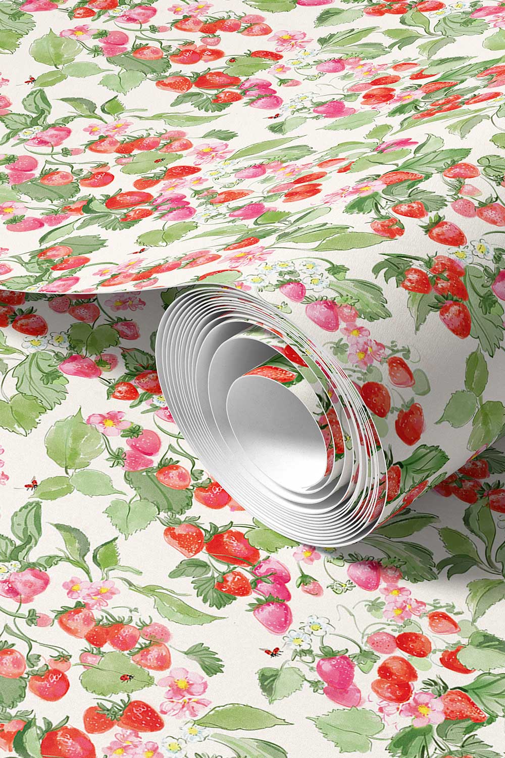 Strawberry wallpaper, fruit wallpaper, botanical wallpaper, pink red wallpaper, kitchen wallpaper, playful wallpaper, garden wallpaper, strawberry print, kids wallpaper, watercolor wallpaper, luxury wallpaper; printed on performance vinyl wallpaper that is stain and moisture resistant, restaurant wallpaper, fire rated wallpaper, commercial grade wallpaper