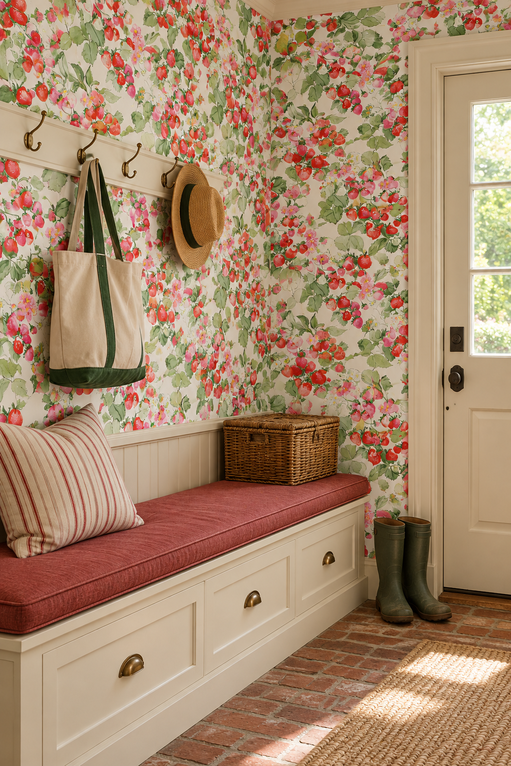 Strawberry wallpaper, fruit wallpaper, botanical wallpaper, pink red wallpaper, kitchen wallpaper, playful wallpaper, garden wallpaper, strawberry print, kids wallpaper, watercolor wallpaper, luxury wallpaper; printed on performance vinyl wallpaper that is stain and moisture resistant, restaurant wallpaper, fire rated wallpaper, commercial grade wallpaper perfect for mudrooms and high traffic entryways