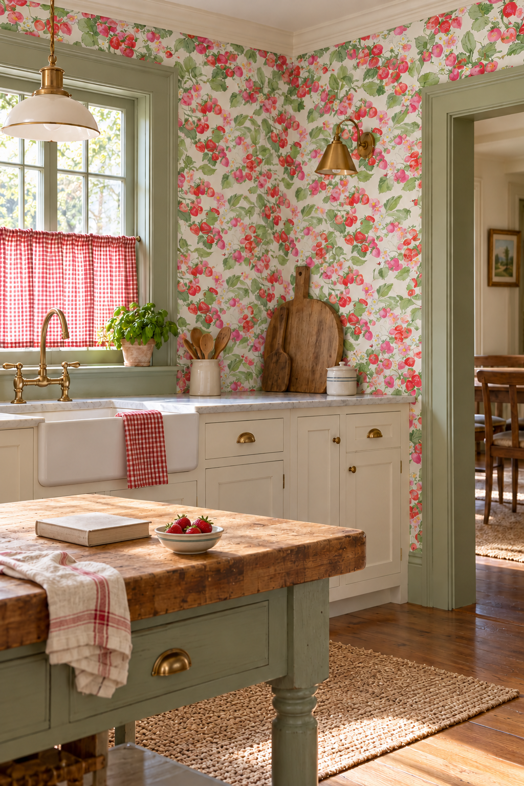 strawberry wallpaper, fruit wallpaper, botanical wallpaper, pink red wallpaper, kitchen wallpaper, playful wallpaper, garden wallpaper, strawberry print, kids wallpaper, watercolor wallpaper, luxury wallpaper; printed on all-natural and eco-friendly wall-covering grasscloth and paperweave 