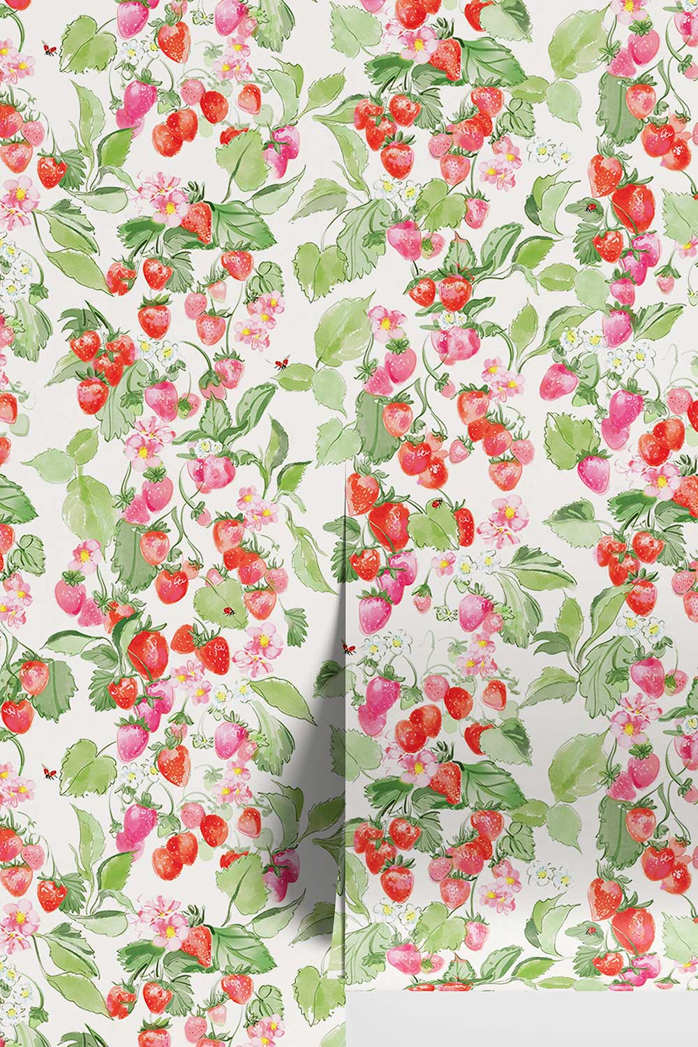 Strawberry wallpaper, fruit wallpaper, botanical wallpaper, pink red wallpaper, kitchen wallpaper, playful wallpaper, garden wallpaper, strawberry print, kids wallpaper, watercolor wallpaper, luxury wallpaper; printed on luxury traditional matte wall-covering