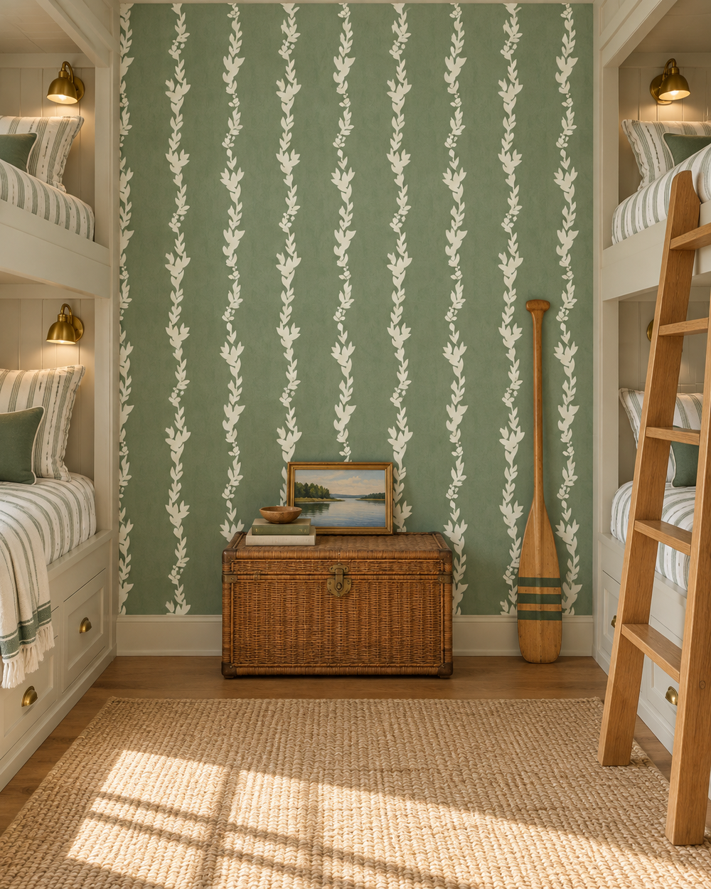 green with cream leaf striped traditional custom wallpaper featured in this lake side inspired bunk room