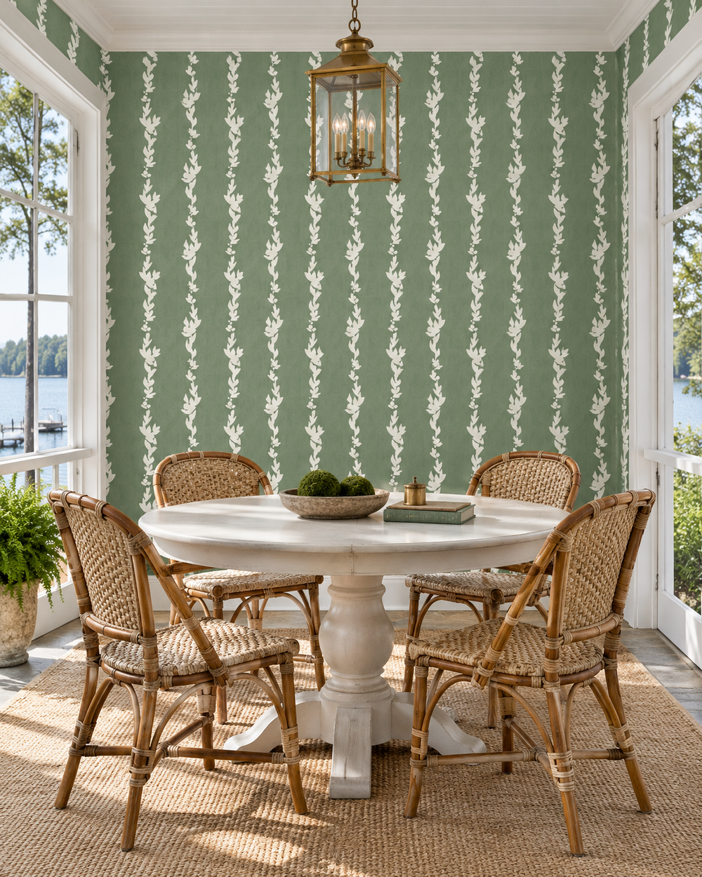 lakeside breakfast dining room featuring this elevated all-natural green grass cloth wall-covering in a botanical leaf stripe