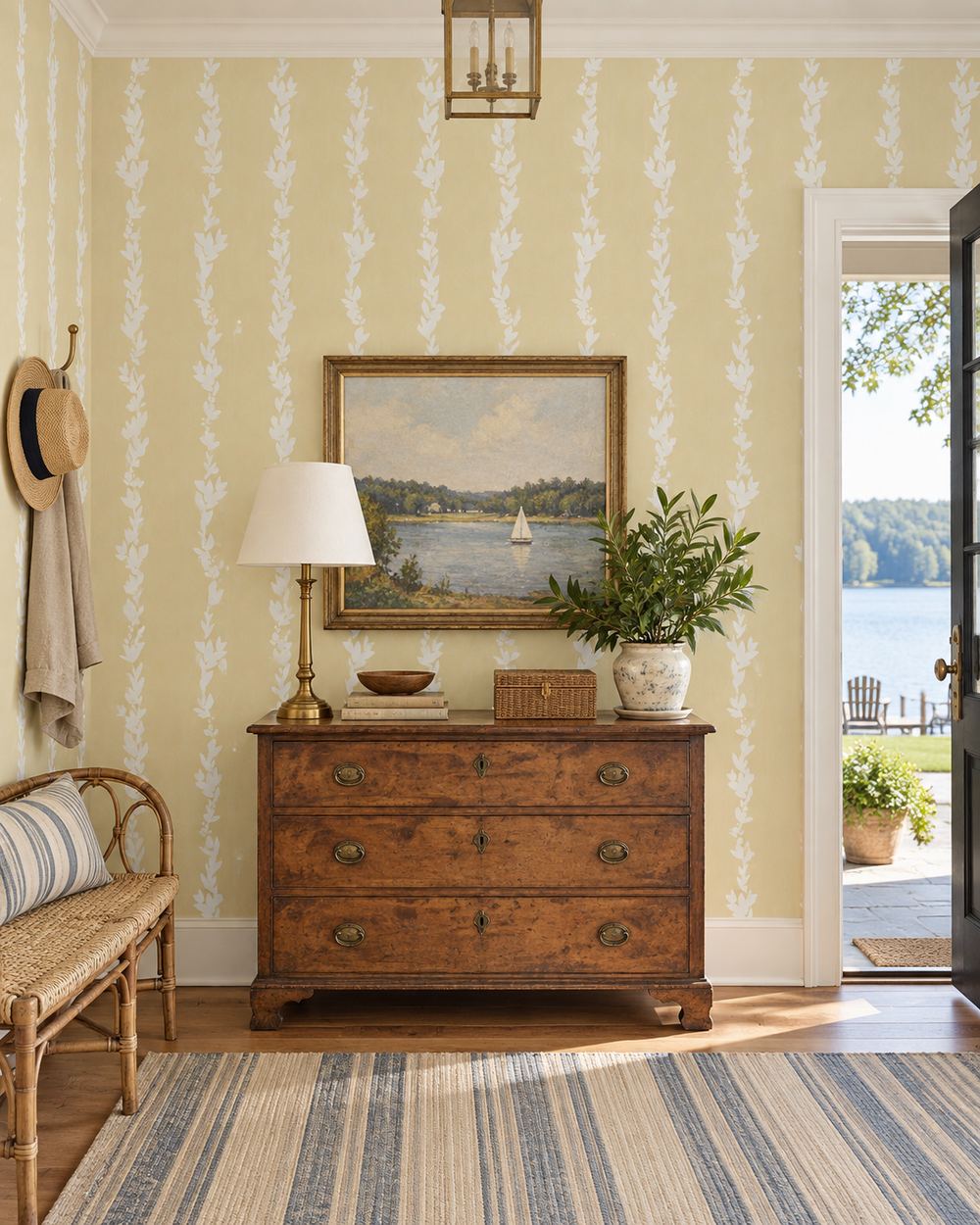 cream colored wallpaper with soft white leaf vertical striped, custom hand painted in lakeside inspired formal front entrance