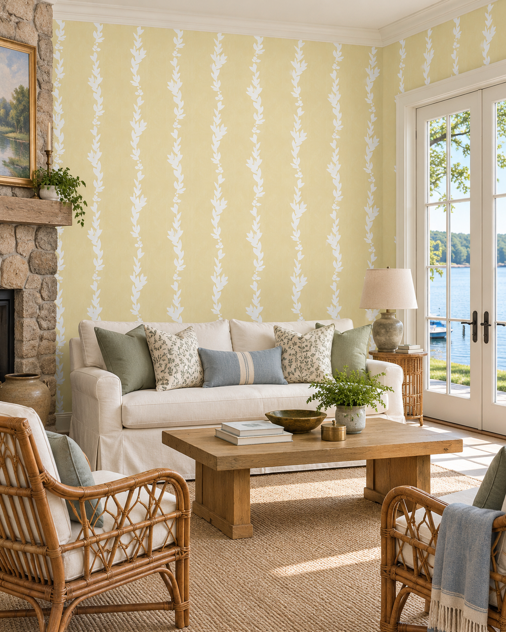 cream colored wallpaper with soft white leaf vertical striped, custom hand painted in lakeside inspired cozy living room printed on all-natural and eco-friendly wallpaper