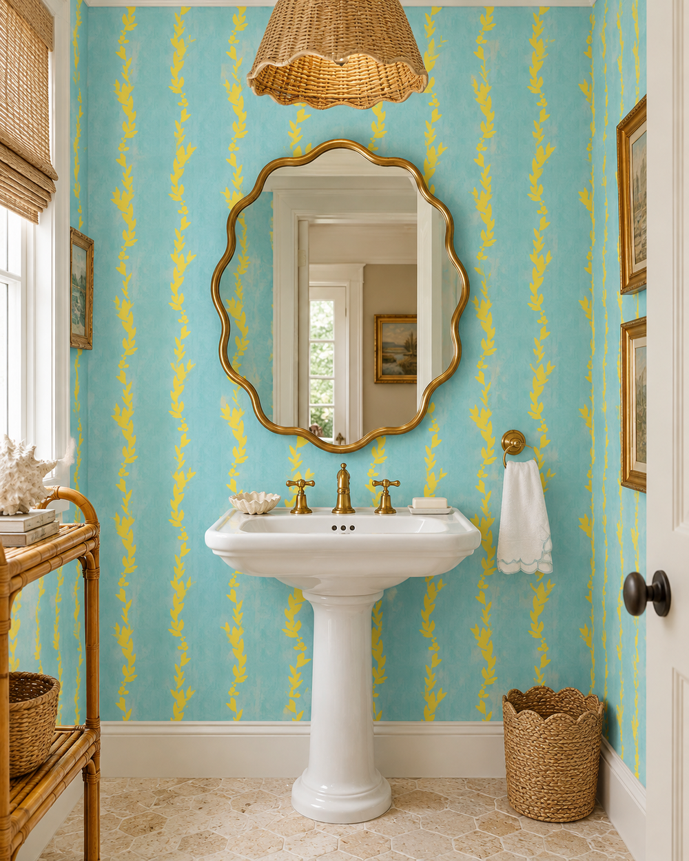 coastal inspired powder room featuring this garden striped botanical wall-covering in preppy green and yellow stripe
