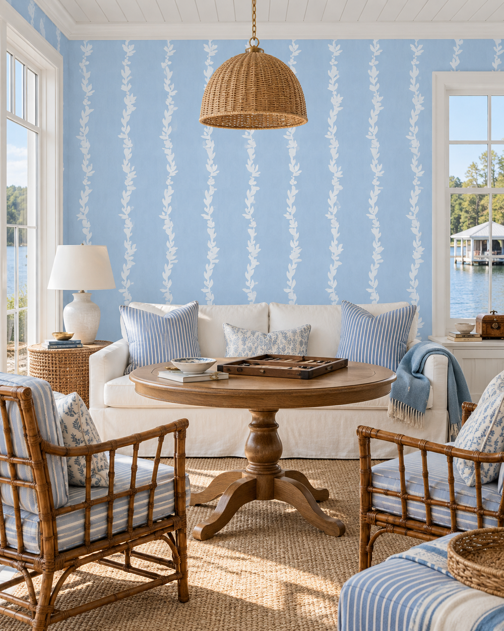 ocean blue colored wallpaper with soft white leaf vertical striped, custom hand painted in lakeside inspired living room