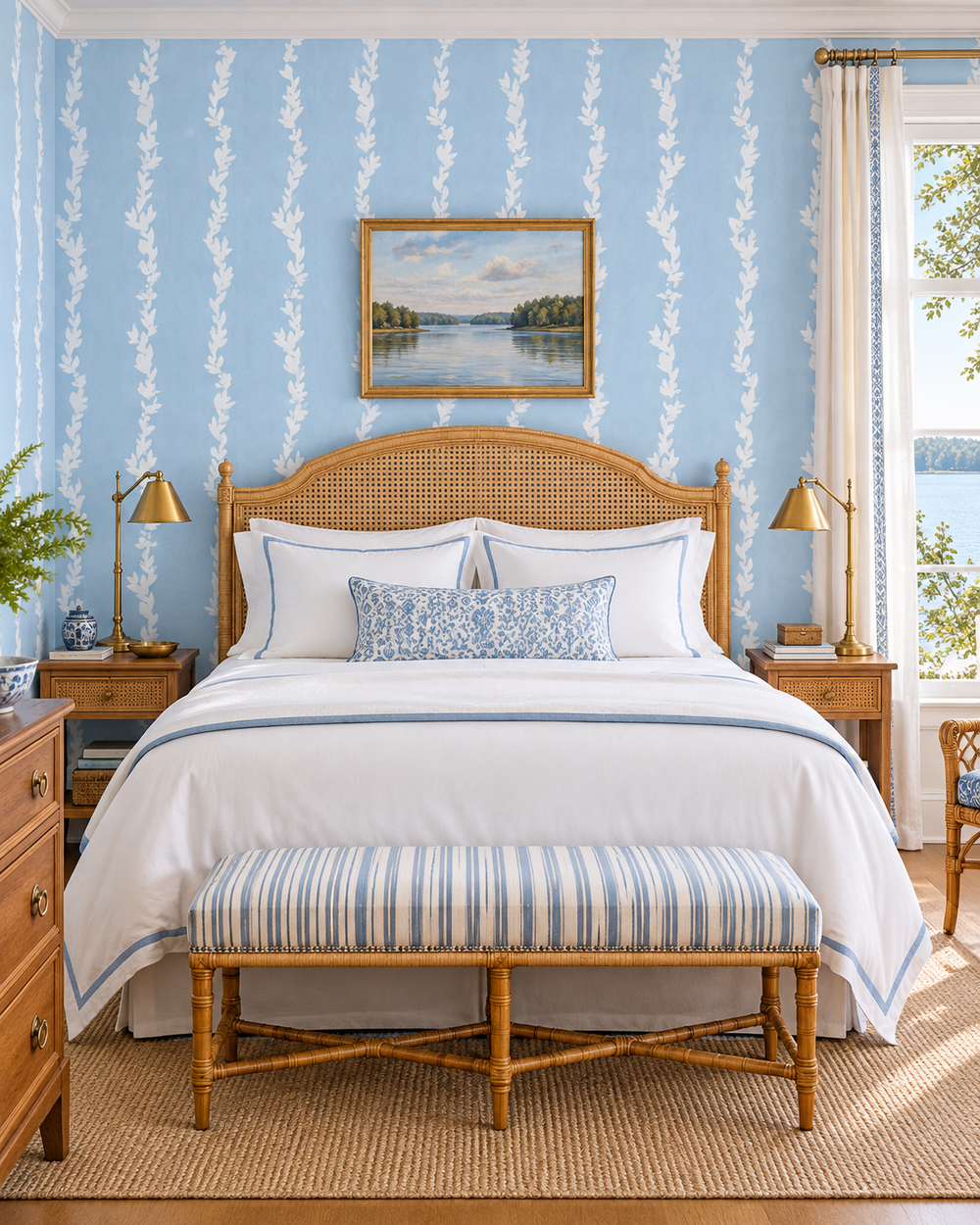ocean blue colored wallpaper with soft white leaf vertical striped, custom hand painted in lakeside inspired cozy guest bedroom suite