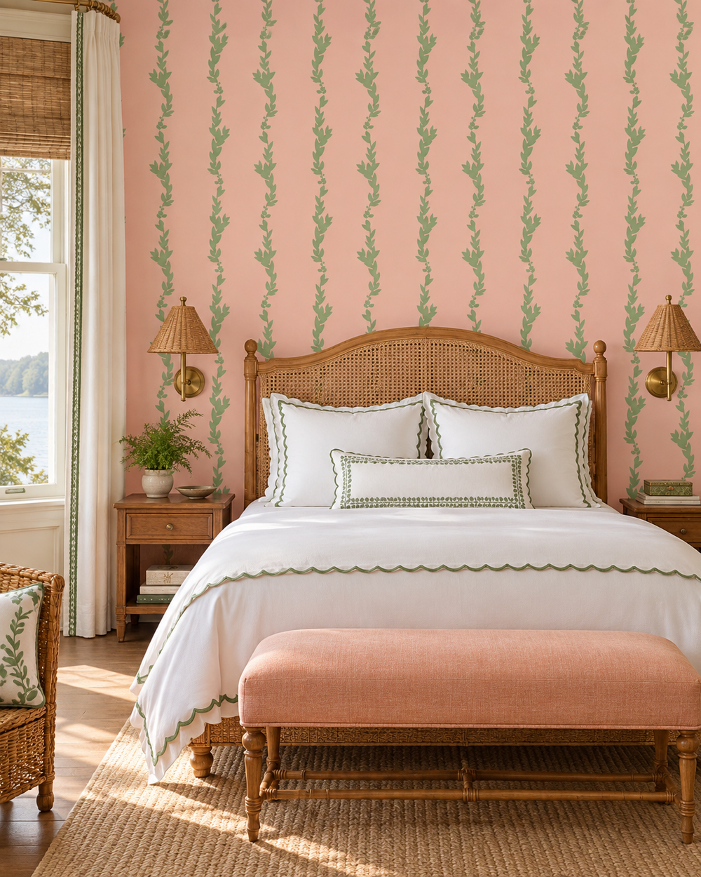 lakeside inspired cozy guest bedroom featuring our custom hand-painted coral with garden green vertical striped leaf wallpaper