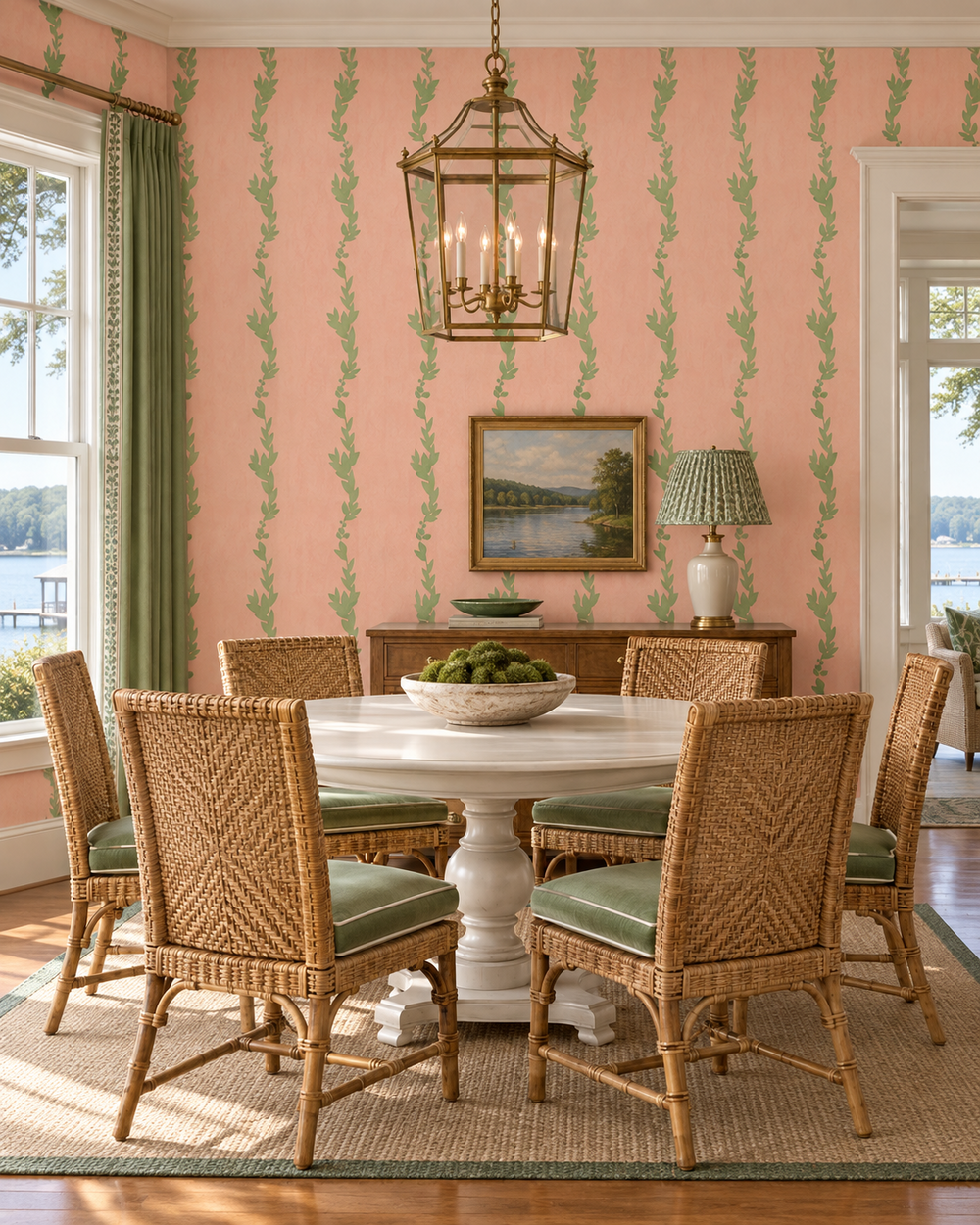 lakeside inspired dining roomfeaturing our custom hand-painted coral with garden green vertical striped leaf wallpaper