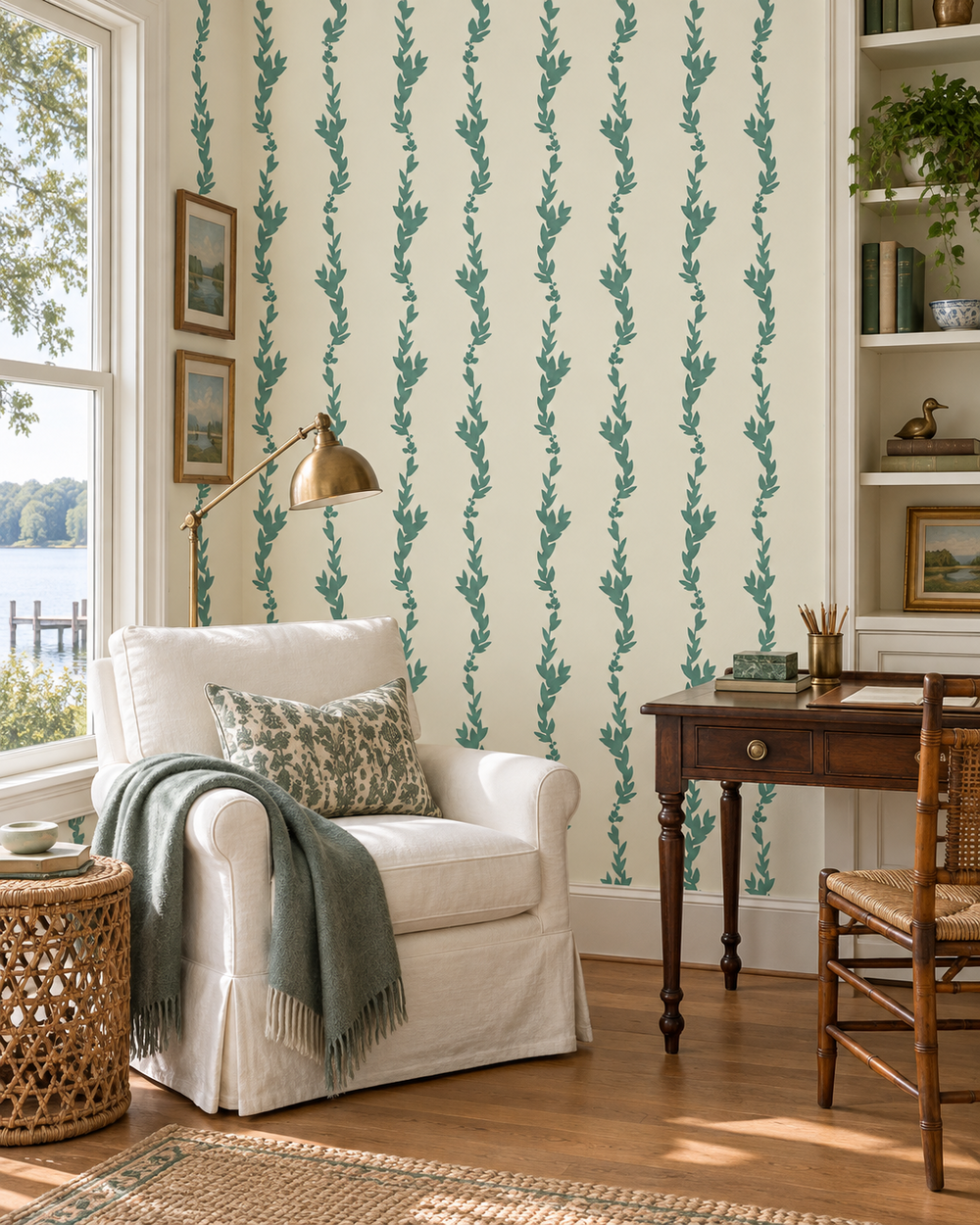 cream colored wallpaper with moss green leaf vertical striped, custom hand painted in lakeside inspired living room printed on all-natural and eco-friendly grasscloth wallpaper