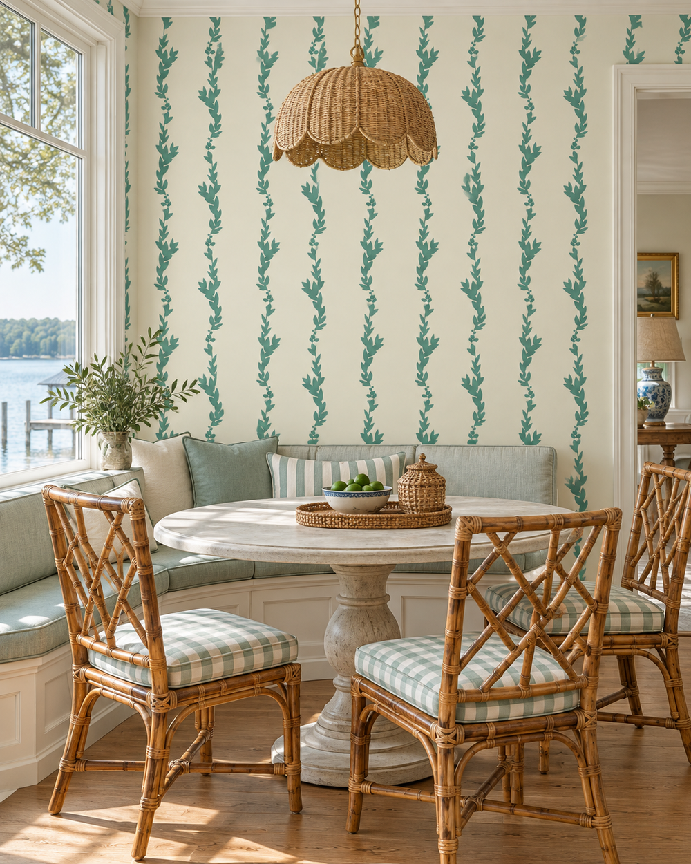 cream colored wallpaper with moss green leaf vertical striped, custom hand painted in lakeside inspired dining nook