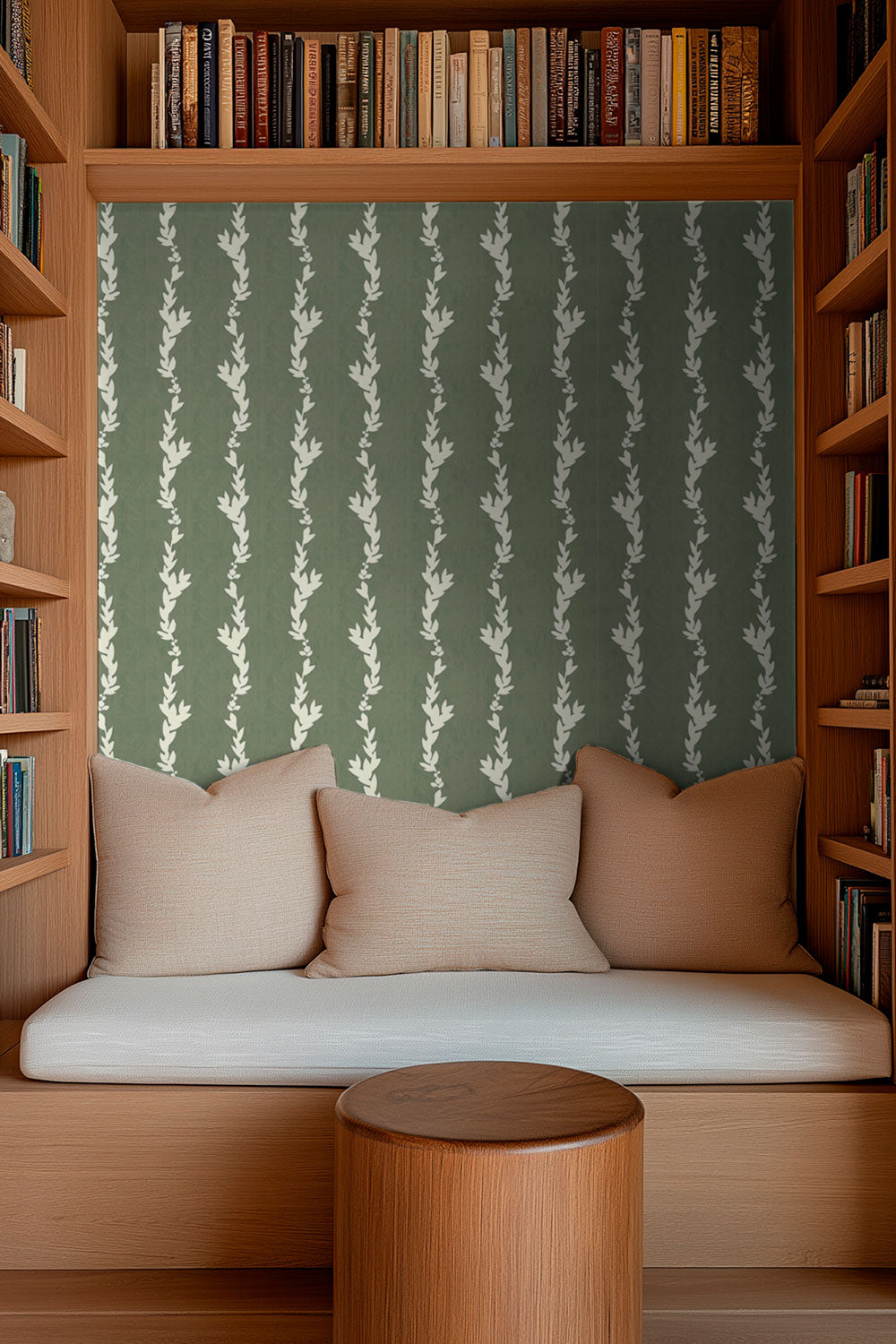 green and cream striped botanical wall-covering in modern office reading nook
