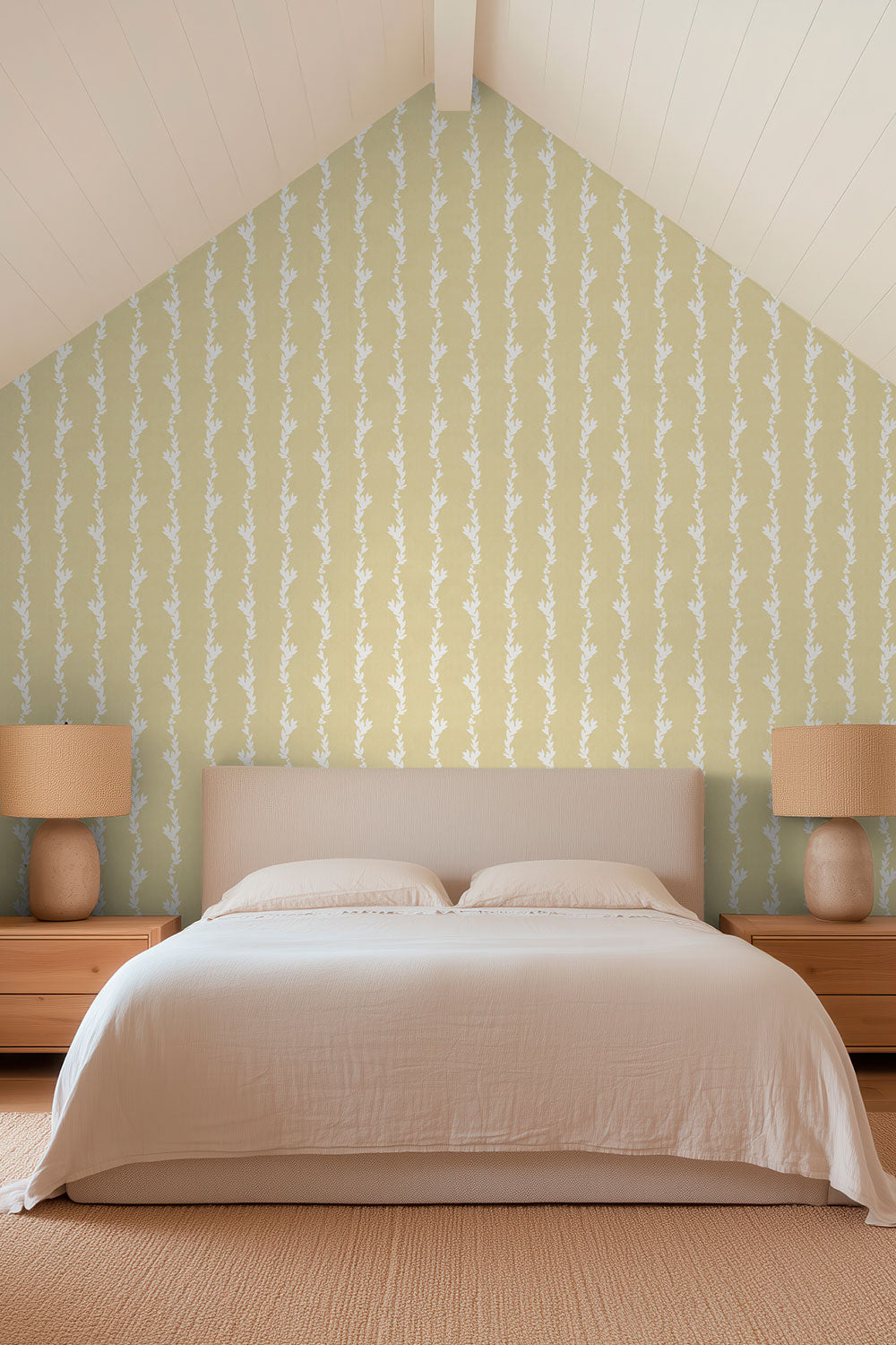 Striped & Leafy grass cloth and paper weave wallpaper with vertical ivy stripes in cream white on a beige tan background in cozy master bedroom