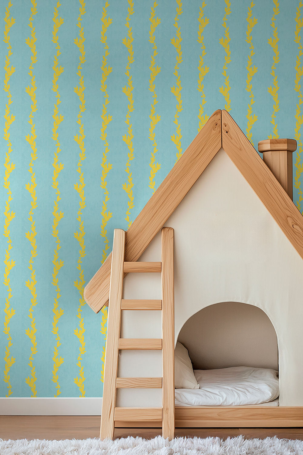 kid's playroom with preppy green and yellow botanical striped ivy wallpaper