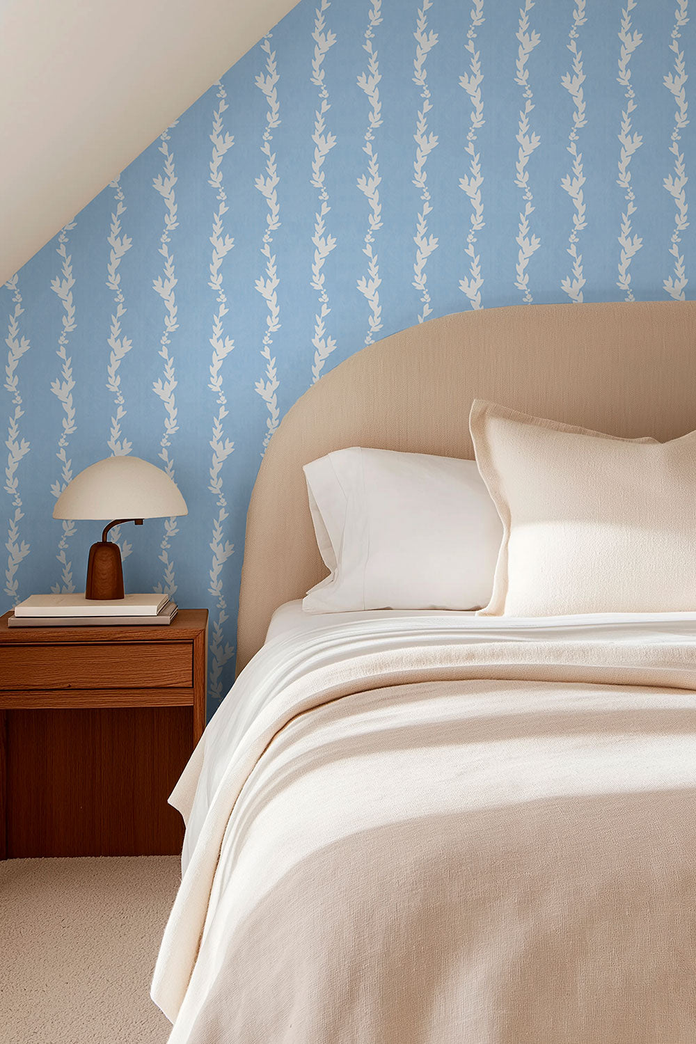 Striped & Leafy wallpaper styled in a cozy cottagecore bedroom in classic blue and white