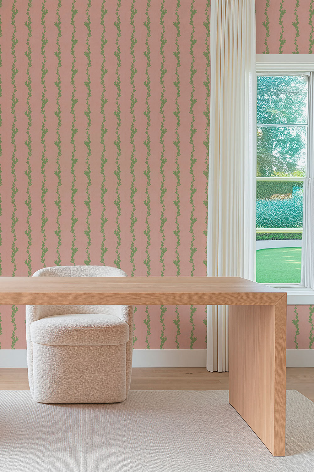 eco-friendly all natural grass cloth wall-covering for modern feminine home offices with garden inspired pink and green ivy stripe