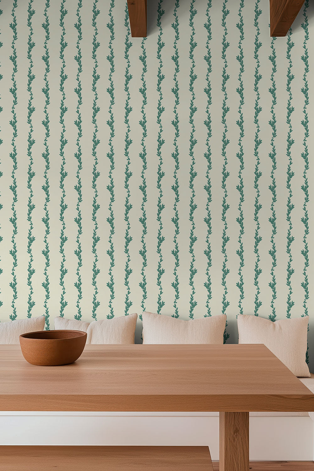 Striped & Leafy wallpaper styled in a cozy cottagecore breakfast nooks and dining rooms