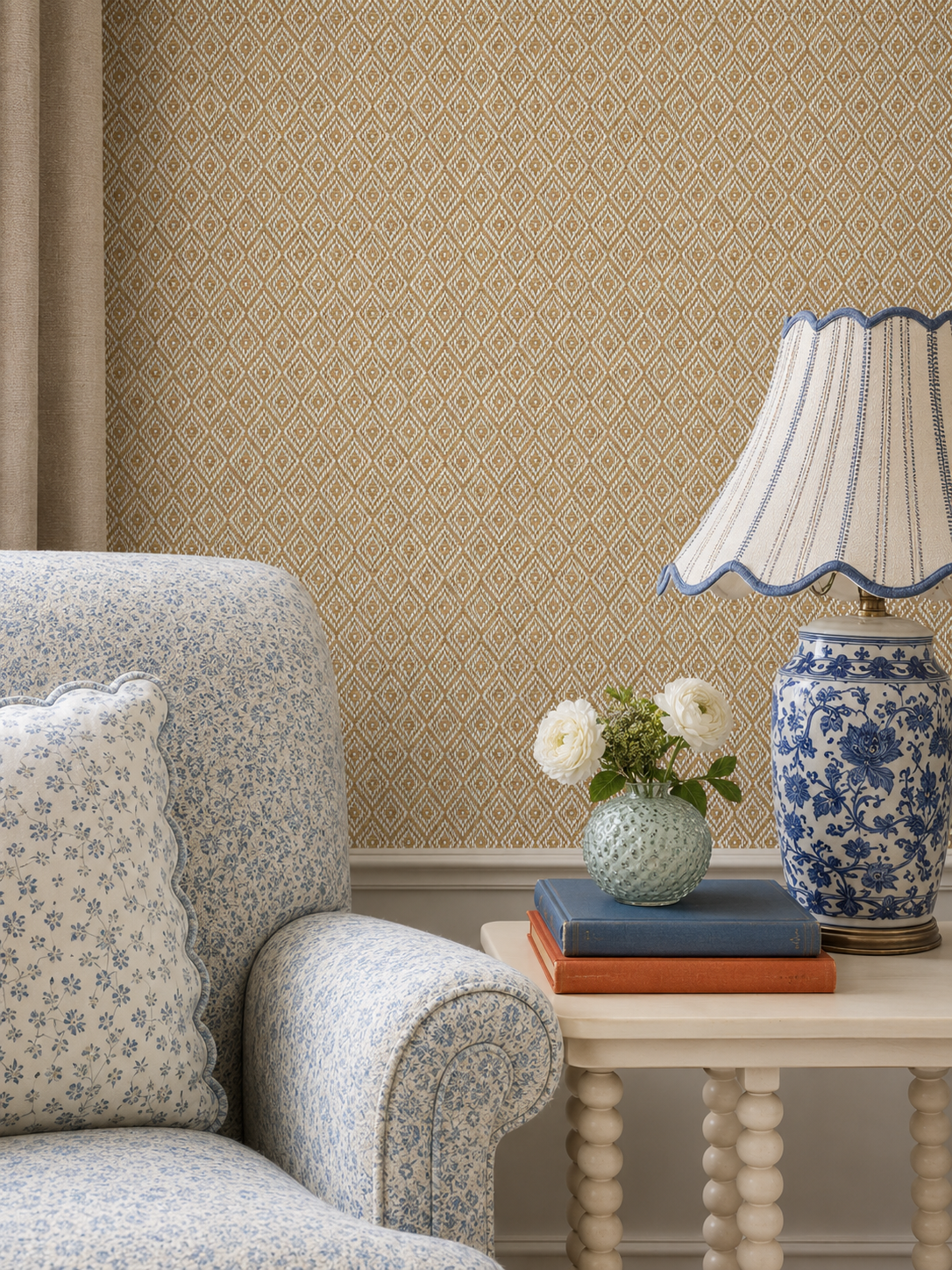 Natural woven paperweave wallpaper swatch in neutral textured sisal featured in this coastal living room.
