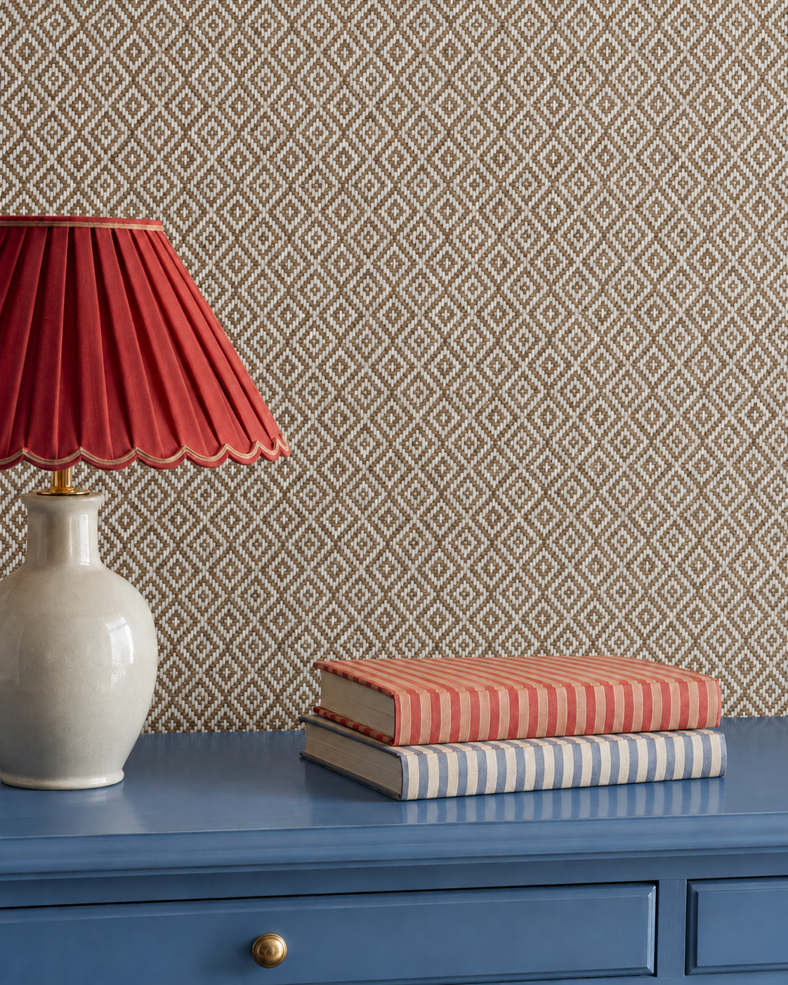 Natural woven paperweave wallpaper swatch in neutral textured sisal featured in this bedroom
