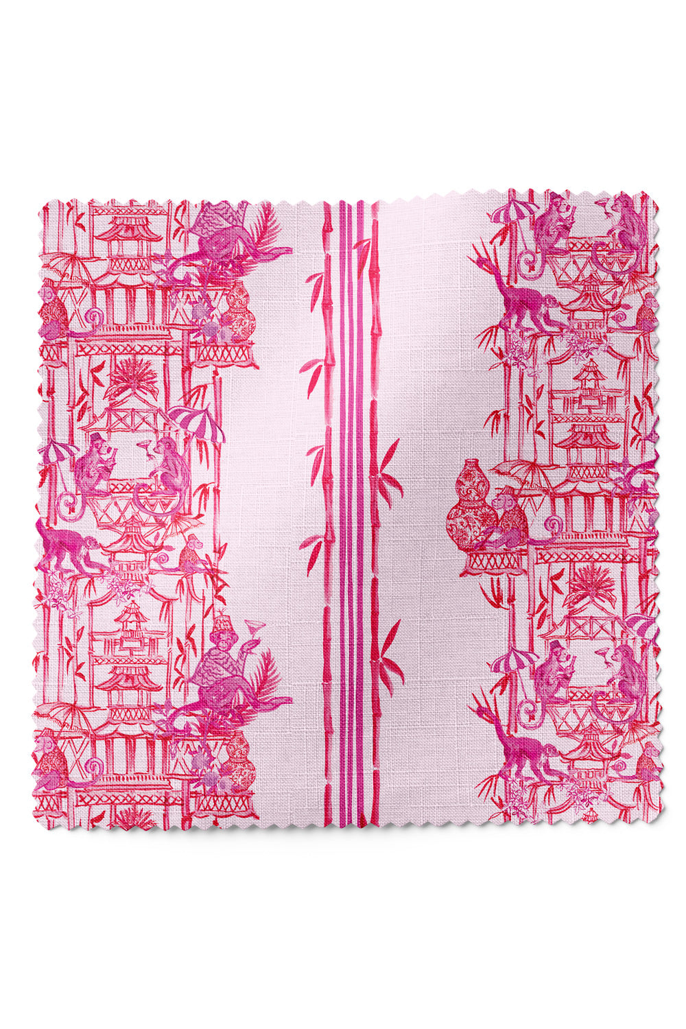 Whimsical chinoiserie toile upholstery fabric featuring pagodas, bamboo details, and monkeys partying in a hand-painted striped layout.