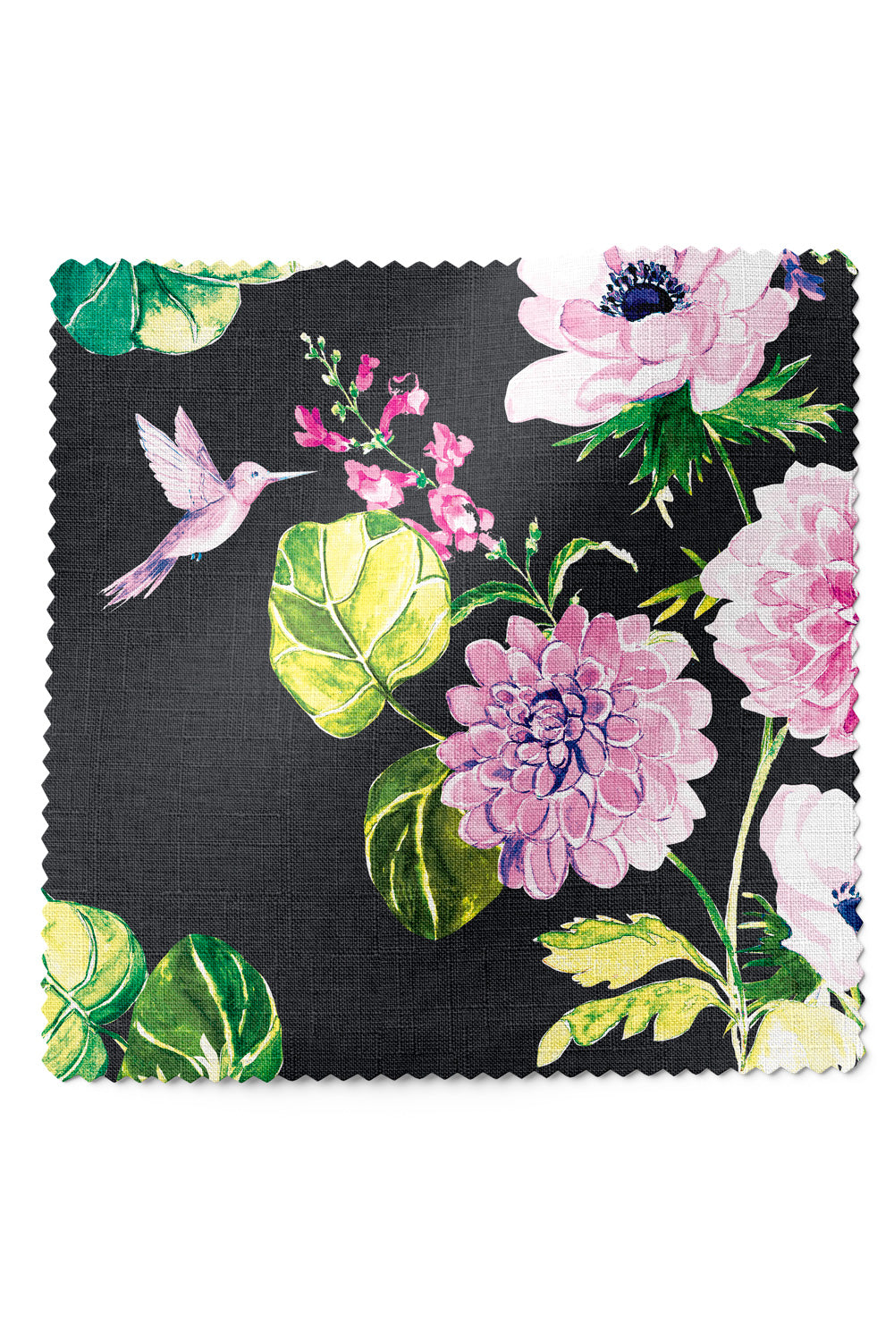 Botanical floral upholstery fabric with hand-painted dahlias, snapdragons, and hummingbirds in a vibrant, garden-inspired layout in a black base with pink and green flowers