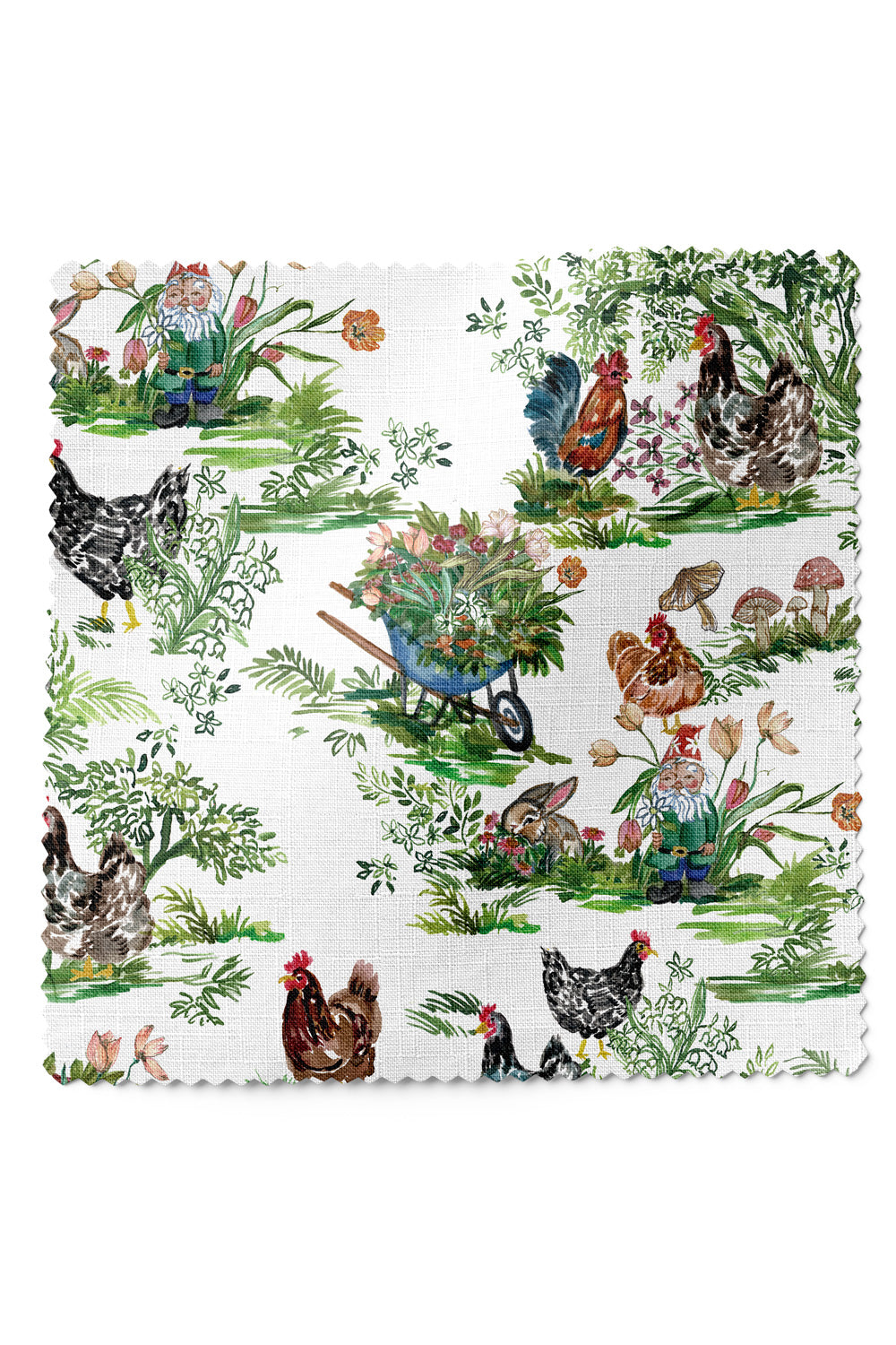 Playful farmhouse toile upholstery fabric with hand-painted chickens, bunnies, mushrooms, and garden motifs in a classic toile layout.
