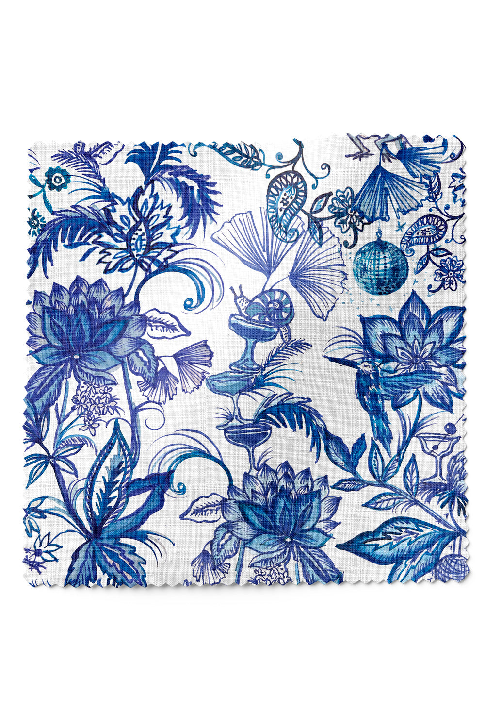 Chinoiserie floral upholstery fabric featuring hand-painted botanicals with a whimsical frog dancing under a disco ball and hidden playful details.
