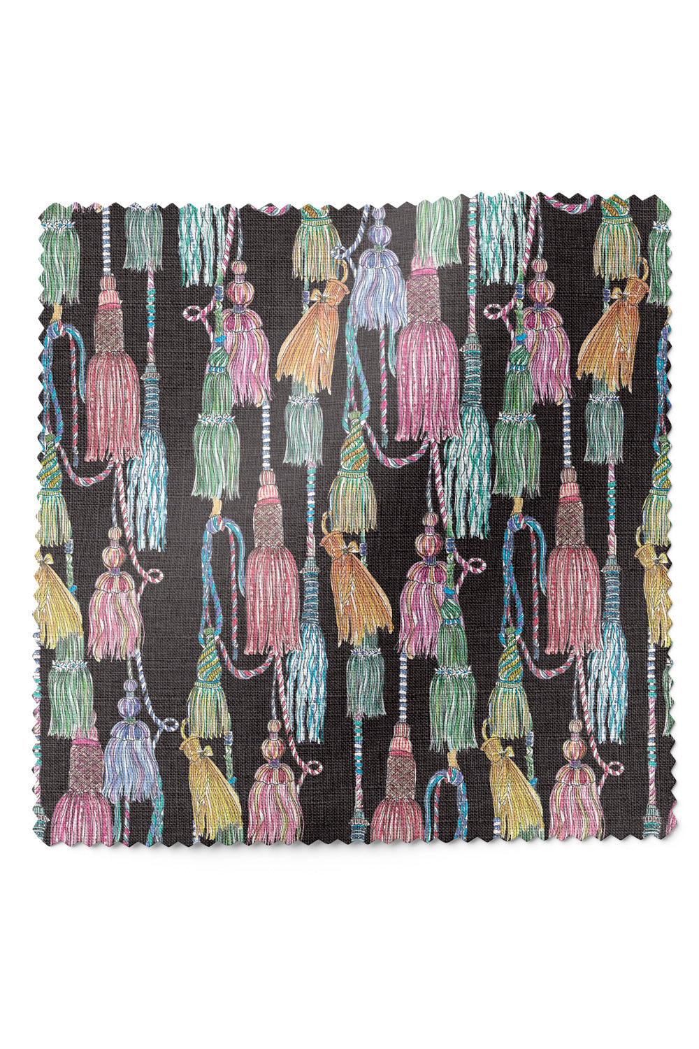 Decorative upholstery fabric with hand-painted watercolor tassels arranged in an allover trellis pattern, rich in texture and detail, black base with shades of pastel tassels. Chinoiserie style design.