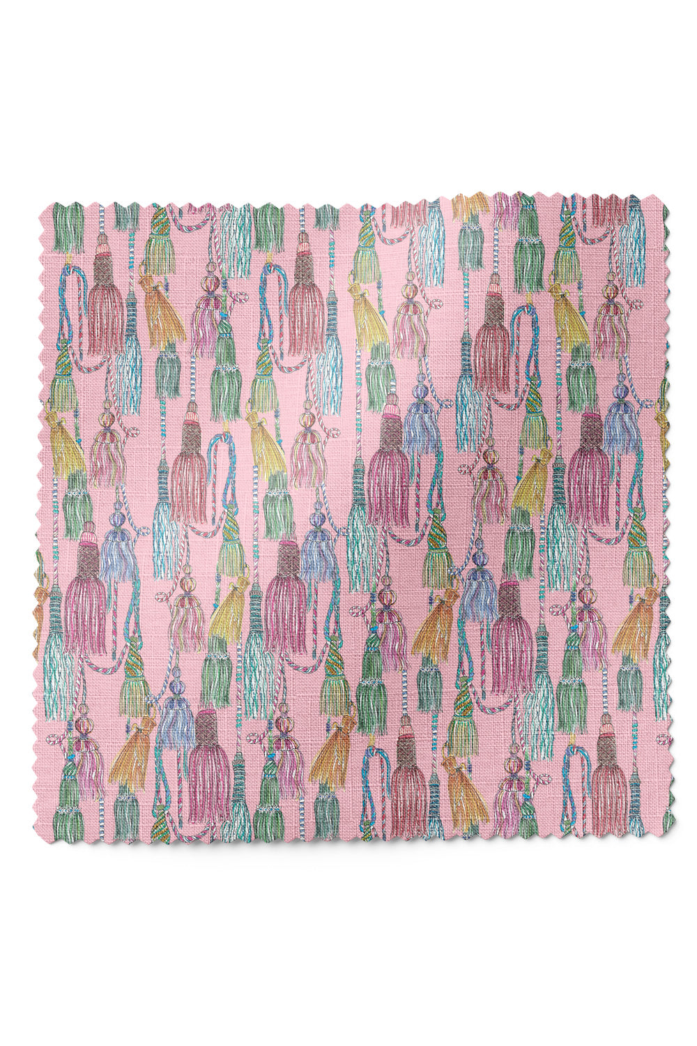 Decorative upholstery fabric with hand-painted watercolor tassels arranged in an allover trellis pattern, rich in texture and detail, pink base with shades of pastel tassels. Chinoiserie style design.