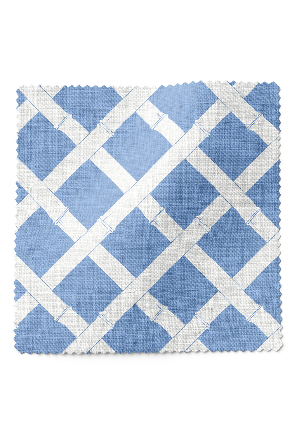 Geometric trellis upholstery fabric inspired by classic garden structures, featuring a balanced, stripe-like layout in french blue and white.
