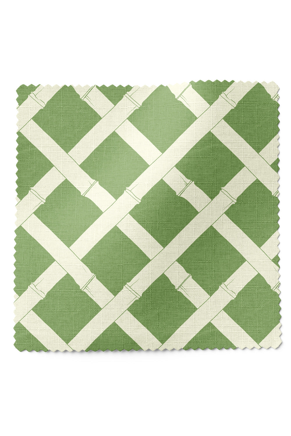 Geometric trellis upholstery fabric inspired by classic garden structures, featuring a balanced, stripe-like layout in bright garden green and white.