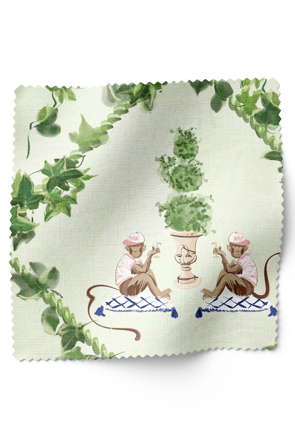 Playful chinoiserie upholstery fabric featuring a botanical trellis with ginger jar motifs and whimsical tennis club scenes woven throughout.