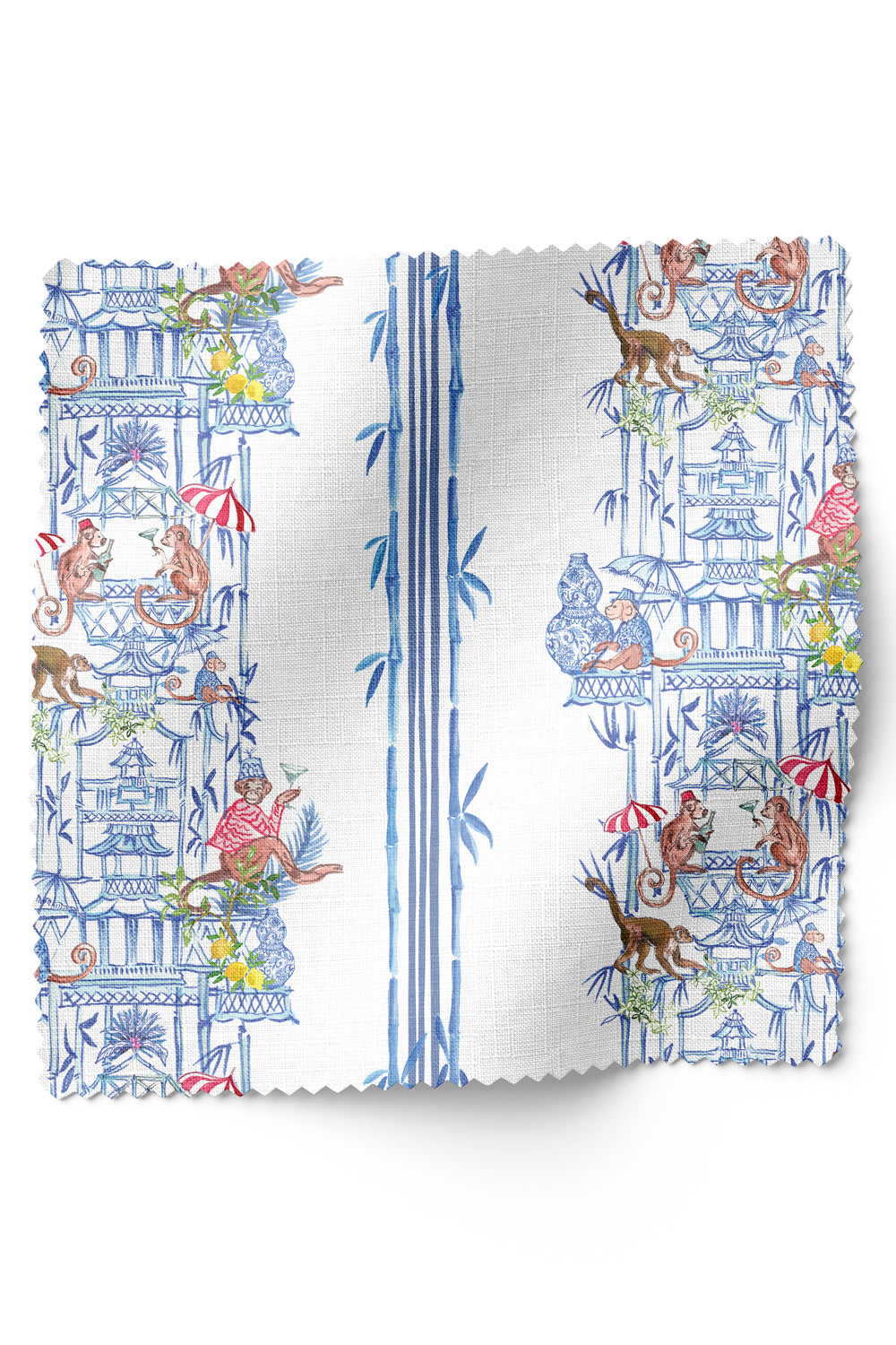 Whimsical chinoiserie toile upholstery fabric featuring pagodas, bamboo details, and monkeys partying in a hand-painted striped layout.