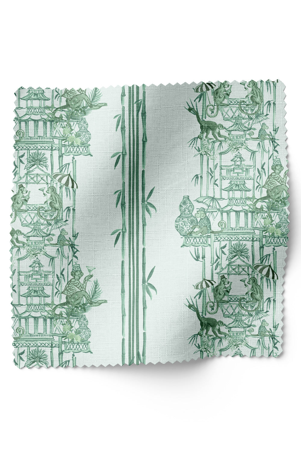 Whimsical chinoiserie toile upholstery fabric featuring pagodas, bamboo details, and monkeys partying in a hand-painted striped layout.