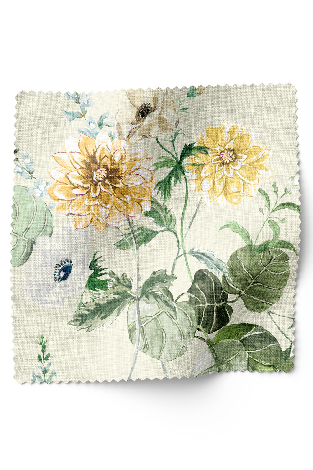 Botanical floral upholstery fabric with hand-painted dahlias, snapdragons, and hummingbirds in a vibrant, garden-inspired layout.