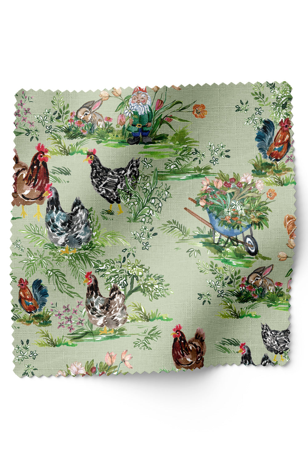 Playful farmhouse toile upholstery fabric with hand-painted chickens, bunnies, mushrooms, and garden motifs in a classic toile layout.