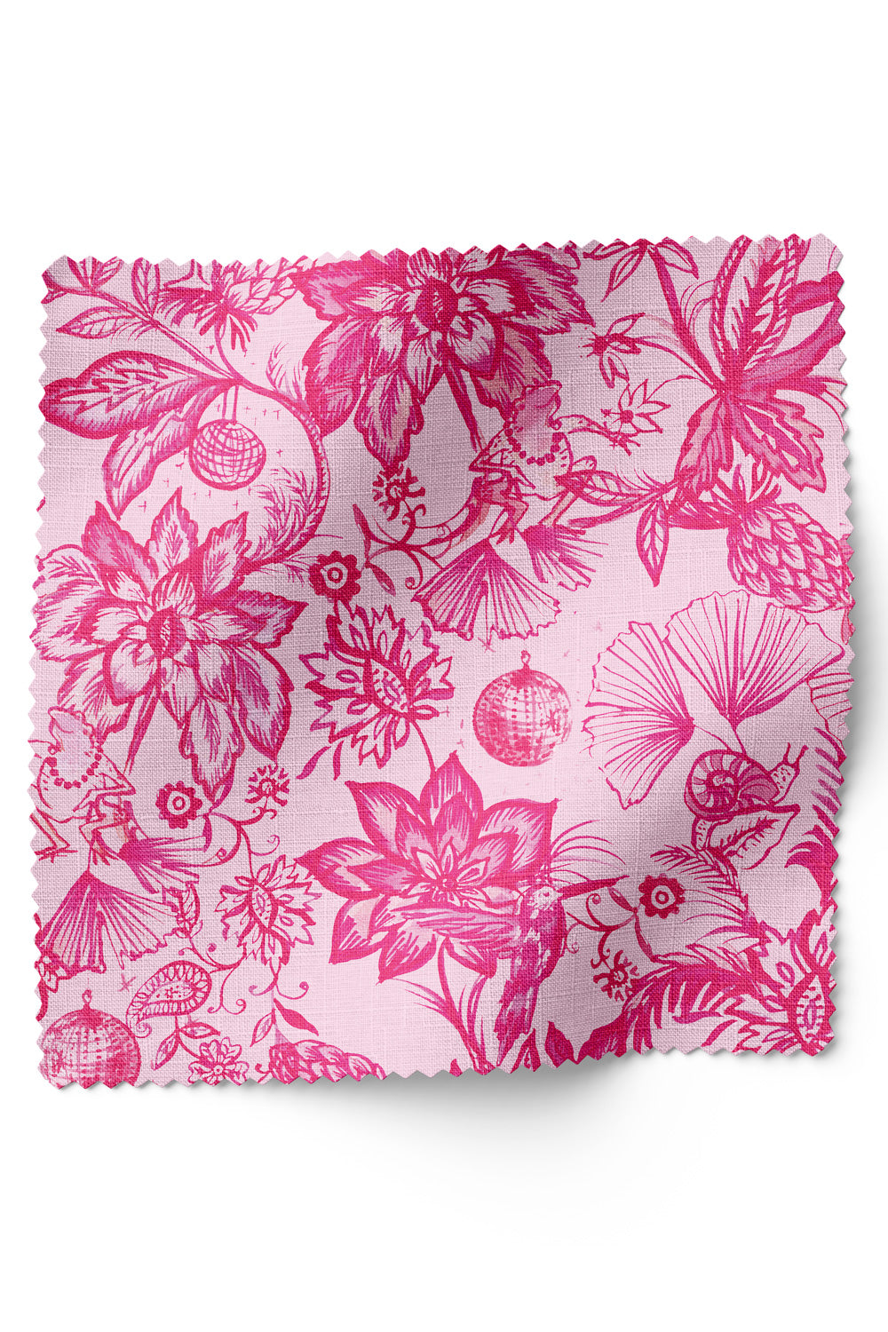 Chinoiserie floral upholstery fabric featuring hand-painted botanicals with a whimsical frog dancing under a disco ball and hidden playful details.