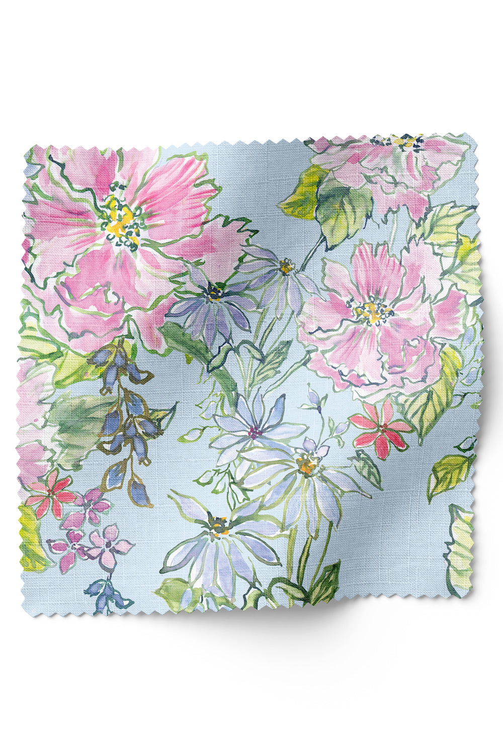 Romantic botanical upholstery fabric featuring hand-painted watercolor florals arranged like a loose garden bouquet with soft, airy movement.