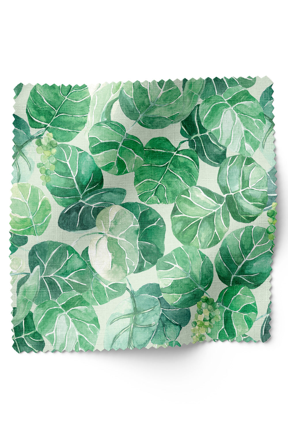 Coastal botanical upholstery fabric with oversized hand-painted sea grape leaves in layered watercolor greens on a light green base