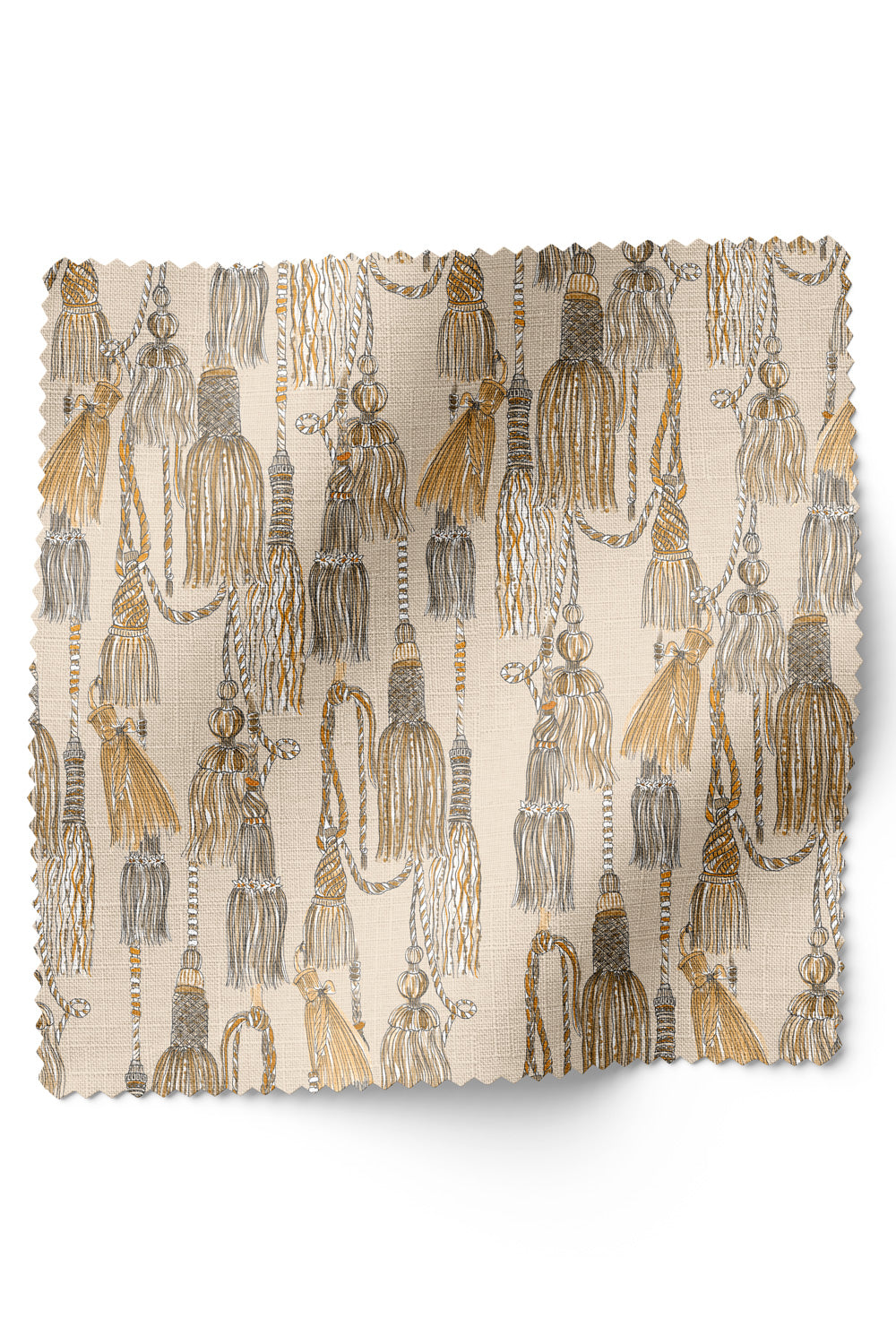 Decorative upholstery fabric with hand-painted watercolor tassels arranged in an allover trellis pattern, rich in texture and detail, beige base with shades of gold, tan and cream tassels. Chinoiserie style design.
