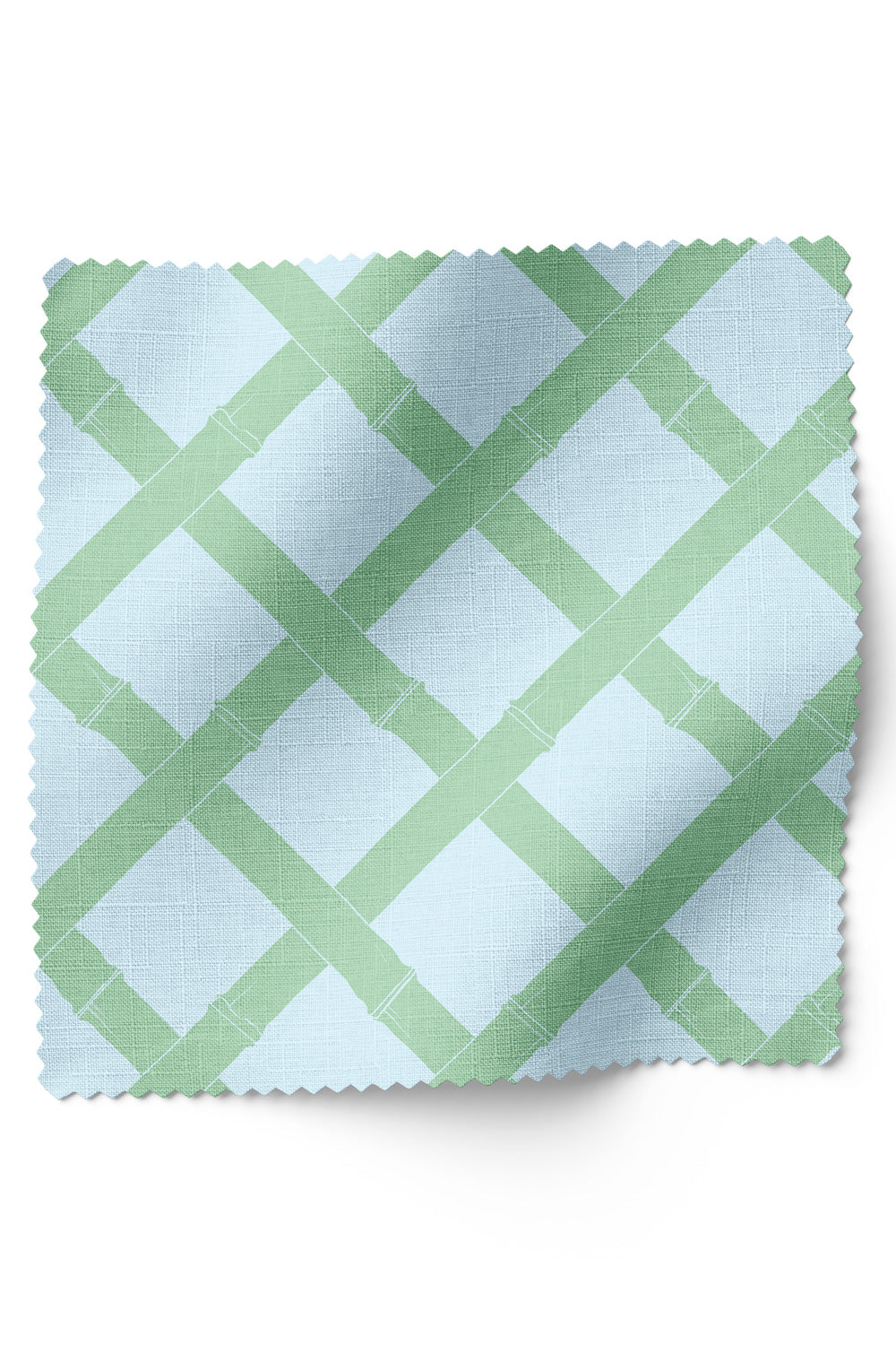 Geometric trellis upholstery fabric inspired by classic garden structures, featuring a balanced, stripe-like layout in light blue and garden green.