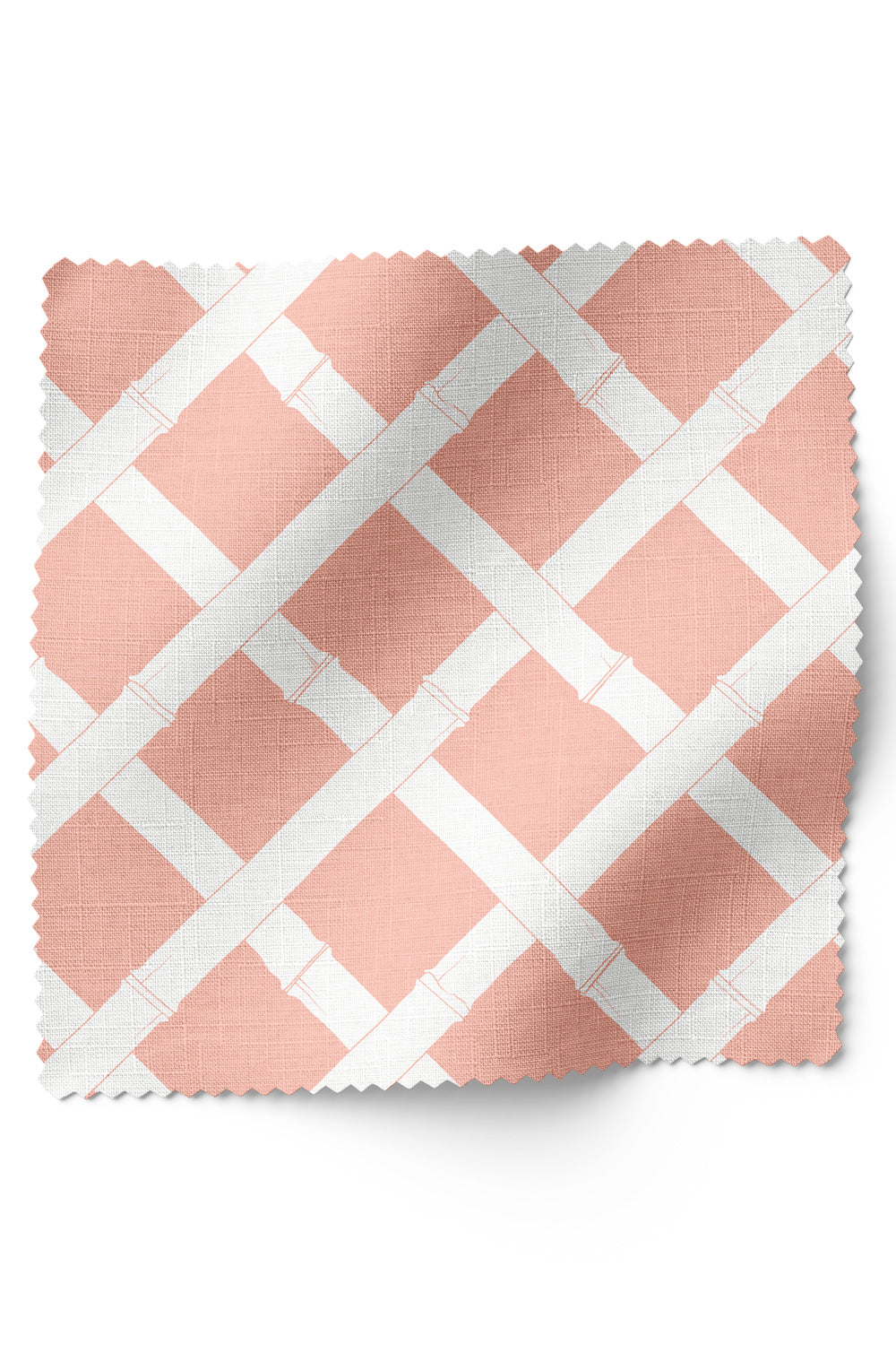 Geometric trellis upholstery fabric inspired by classic garden structures, featuring a balanced, stripe-like layout on peach with white.