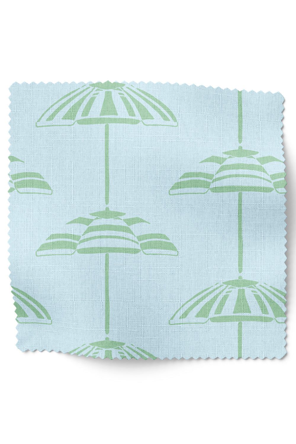 Hand-drawn vertical cabana stripe upholstery fabric inspired by beach umbrellas, shown in a coastal color palette with a classic yet playful look.